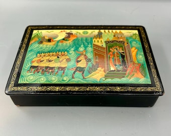 Vintage Russian Lacquer Box: Hand-Painted Tsar Saltan Palekh Scene Fairy Tale