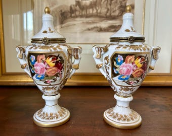 Antique French Porcelain Urns Pair, Hand Painted Floral Cherub Handles (7.5")