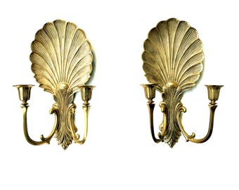 Vintage Brass Shell Candle Sconces, Hollywood Regency, French Neoclassical Decor