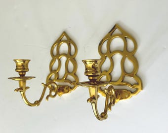 Pair Vintage Brass Openwork Flame Backplate Single Arm Candle Wall Sconces Estate Cond