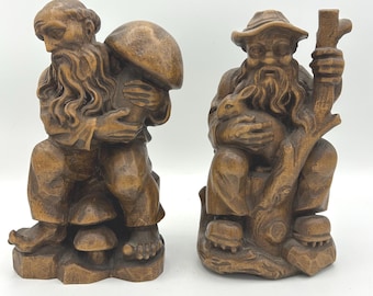 Pair Hand Carved Wood Figurines, Black Forest Bavarian Style Old Man Mushroom Rabbit, Vintage Alpine Woodcarving