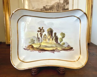 Antique English Derby Porcelain Landscape Dish Rectangular Hand Painted Ruins Serving Platter Circa 1790