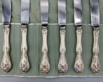 Set of 6 Vintage Alvin Chateau Rose Sterling Handled Knives, Stainless Blades, Storage Roll
