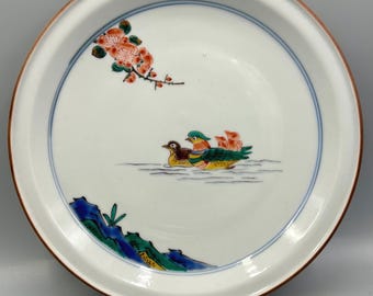 Vintage Hand Painted Cherry Blossom & Bird Duck Design 8" Plate, Old Kutani Style