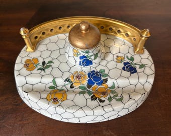 Antique Limoges Porcelain Gilded Hand Painted Floral Inkwell / Pen Stand, French Art Deco