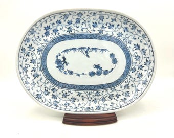 Vintage Andrea by Sadek Blue White Porcelain Oval Tray, Japanese Floral Chinoiserie Dish