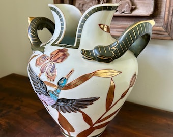 Vintage Japonisme Porcelain Vase: Kingfisher Bird, Iris Motif, Sea Creature Handles