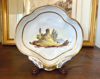 Antique Derby Porcelain Shell Dish Hand Painted Ruins Landscape Serving Bowl Circa 1790