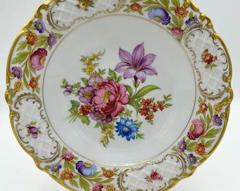 Vintage Schumann Bavaria Empress Dresden Flowers 8" Rim Soup Bowl Gold Gilt Porcelain