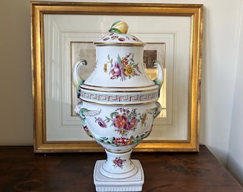Vintage Chelsea House Large Porcelain Urn w/ Handles, Winged Dionysus, Pierced Cover & Lemon Finial