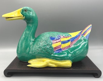 Vintage Sancai Style Duck Figurine, Glazed Pottery Bird Sculpture, Mid Century Asian Decor