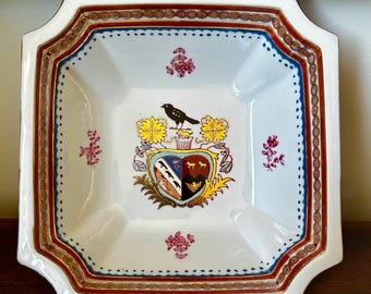 Vintage Chinese Export Armorial Porcelain Dish, Famille Rose Sprigs, Gilded Coat of Arms