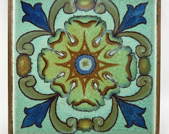 Antique Arts & Crafts Tile Trivet, Spanish Revival Floral Medallion, Copper Footed Stand