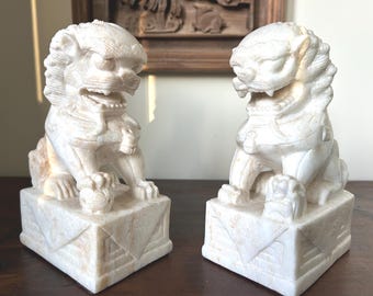 Vintage Chinese Marble Foo Dogs Pair Guardian Lions Heavy Carved Stone Statues