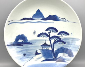 Vintage Chinese Blue White Porcelain Larger Charger Plate, Hand Painted Landscape Pagoda Scene