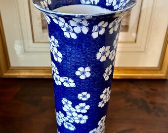 Vintage Blue & White Prunus Blossom Cylindrical Vase w/ Flared Rim, x" T