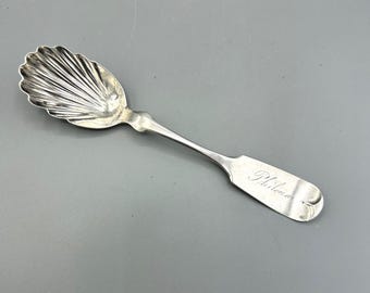 Antique Coin Silver Sugar Spoon, Shell Bowl and Fiddleback Handle, William & Hawley, Syracuse NY, 6-5/8"