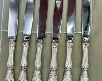 Set of 6 Vintage Alvin Chateau Rose Sterling Handled Knives, Stainless Blades, Storage Roll