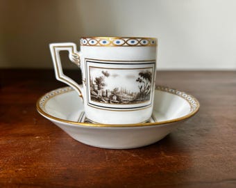 Vintage Richard Ginori Demitasse Cup Saucer, Hand Painted Tuscan Landscape Porcelain