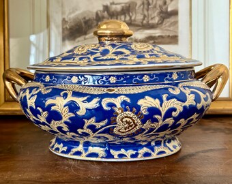 Vintage Blue Gold Porcelain Compote Tureen, Gilded Floral Scrollwork Covered Bowl