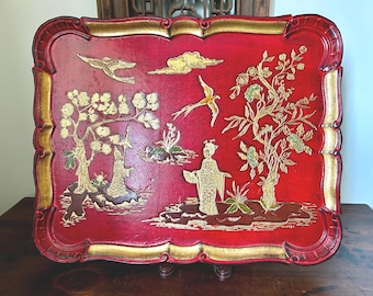 Mid-Century Italian Florentine Chinoiserie Wall Plaque or Tabletop Scalloped Tray, Red Lacquer &  Gold Gilt