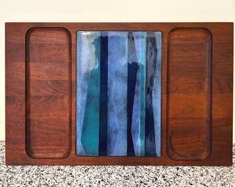 Mid Century Teak Serving Platter | Abstract Enamel Copper Insert, Danish Modern MCM Board