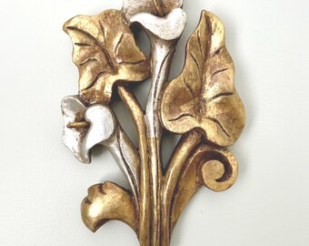 Vintage Spanish Gilded Wood Floral Wall Decor, Hollywood Regency Style