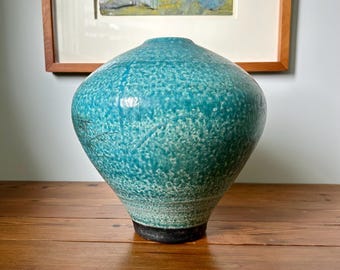 Large Raku Studio Pottery Vase: Turquoise Glaze, Ovoid Form, Mid-Century Style
