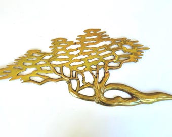 Vintage Enesco Brass Bonsai Tree Wall Sculpture – Mid Century Modern Asian Hollywood Regency
