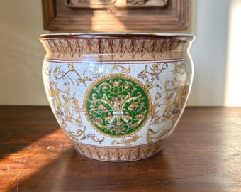 Vintage Crackle Glaze Cachepot with Cherubs – Neoclassical Jardiniere Centerpiece Bowl