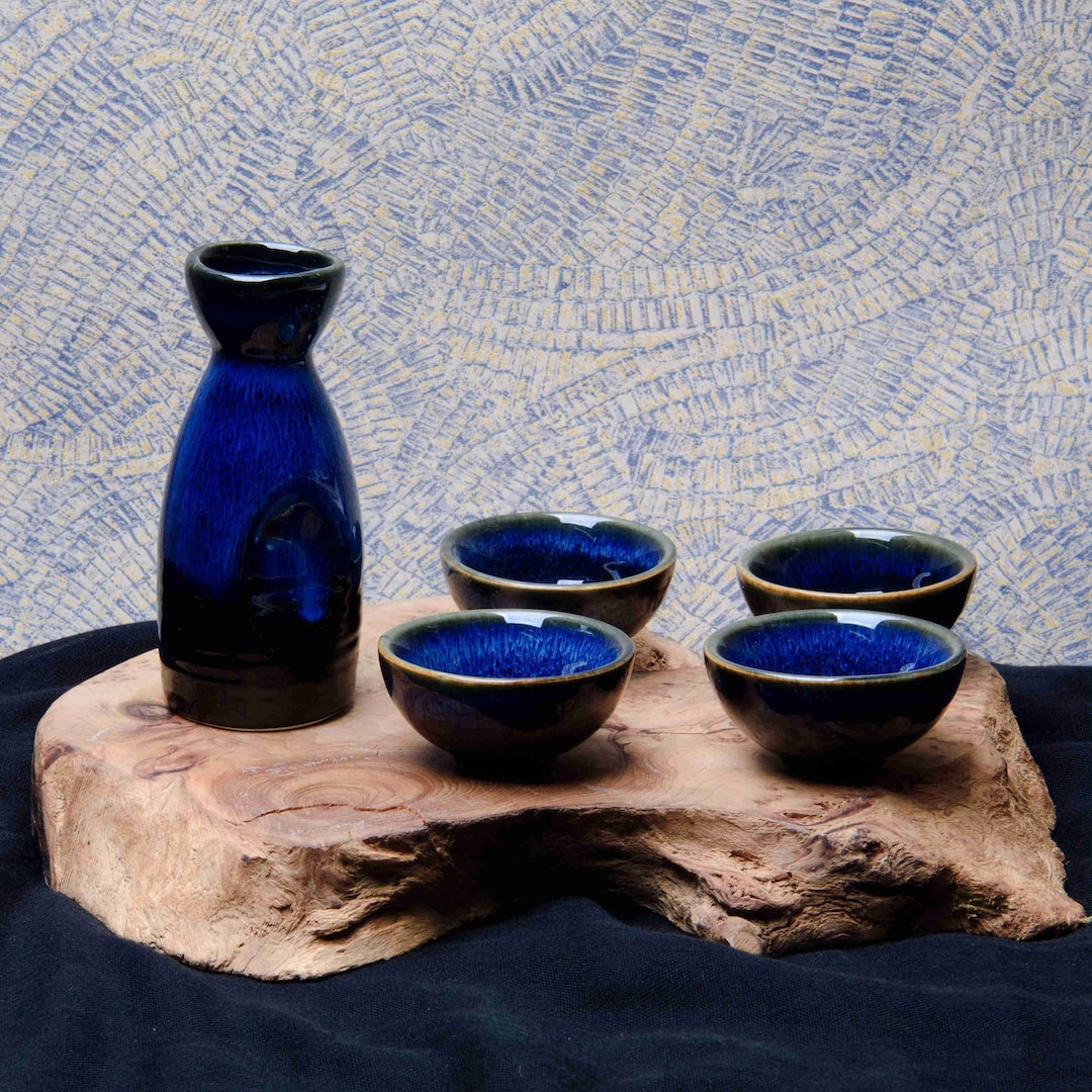 Japanese Style Ceramic Sake Set, Sake Carafe With Cups, Blue Ceramic
