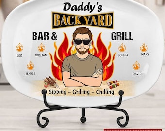 Daddy's Backyard Bar & Grill With Kids Personalized Platter,Gift For Dad,Gift For Grandpa,Father's Day Gift,Grilling Platter Gift