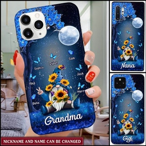 Oma - moeder kabouter met kleinkinderen vlinder gepersonaliseerde telefoonhoesje, aangepaste naam voor IPhone, Samsung, oma cadeau, moeder cadeau, familie cadeau
