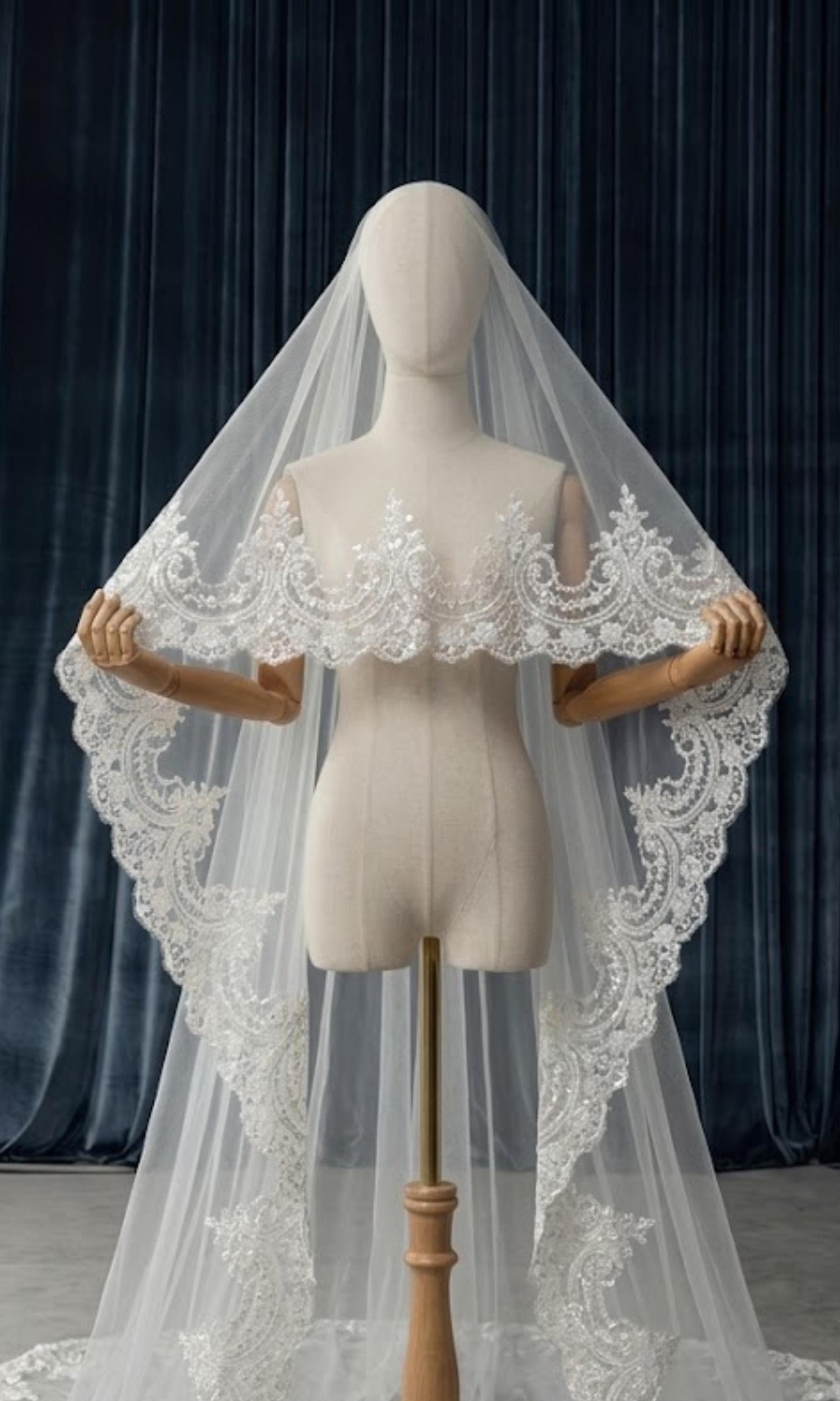 French Lace Wedding Veil, Ivory Tulle Mantilla, 2 Tier with Blusher,…