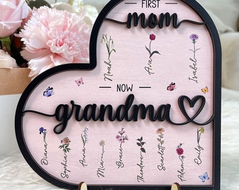 First Mom Now Grandma - Personalisierte Holzplakette, Muttertagsgeschenk, Geburtsmonat Blumen Geschenke für Mama, Geschenke für Oma, Nana Geschenke