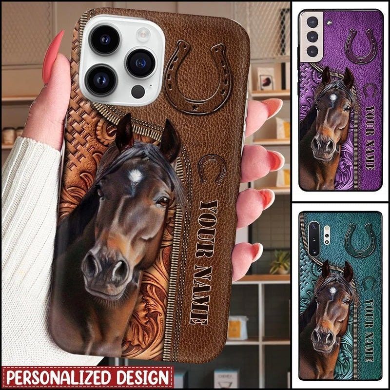 Horse Love Leather Pattern Personalized Phone Case,Horse Phone Case,Gift For Dad,Horse  Gift,Custom Name For IPhone,Samsung