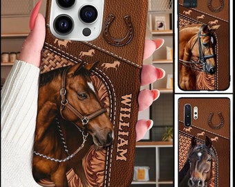 Love Horse Breeds Custom Name Hoofprint Leather Texture,Horse Phone Case,Gift For Dad,Horse Gift,Custom Name For IPhone,Samsung