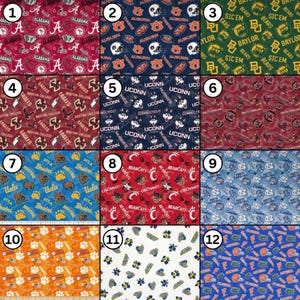 May include: A collection of fabric swatches featuring various college team logos and mascots. Designs include the University of Alabama, Auburn University, Baylor University, Boston College, University of Connecticut, University of South Carolina, UCLA, Cincinnati, and the University of Florida.