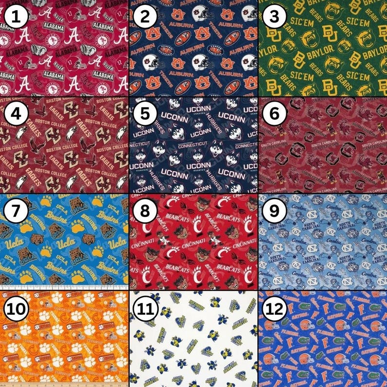 May include: A collection of fabric swatches featuring various college team logos and mascots. Designs include the University of Alabama, Auburn University, Baylor University, Boston College, University of Connecticut, University of South Carolina, UCLA, Cincinnati, and the University of Florida.