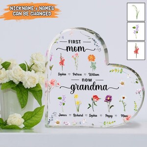 Mother&#39;s Day Gift,Personalized First Mom,Now Grandma Heart Acrylic Plaque,Birth Month Flowers Gifts For Mom, Gifts For Grandma, Nana Gifts
