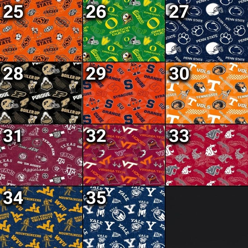 May include: A collage of fabric swatches featuring various college team logos and colors. The swatches include logos for Oklahoma State, Oregon Ducks, Penn State, Purdue, Syracuse, Tennessee, Texas A&M, Virginia Tech, Washington State, West Virginia, and Yale.