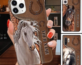 Horse Love Custom Horses Leather Pattern Personalized Phone Case,Horse Phone Case,Gift For Dad,Horse  Gift,Custom Name For IPhone,Samsung