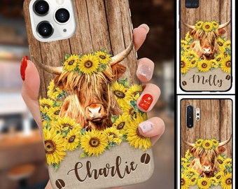 Sunflower Highland Cow Love Cow Cattle Farm Personalized Phone Case,Custom Name For IPhone,Samsung,Phone Case,Christmas Gift,Cow Phone Case