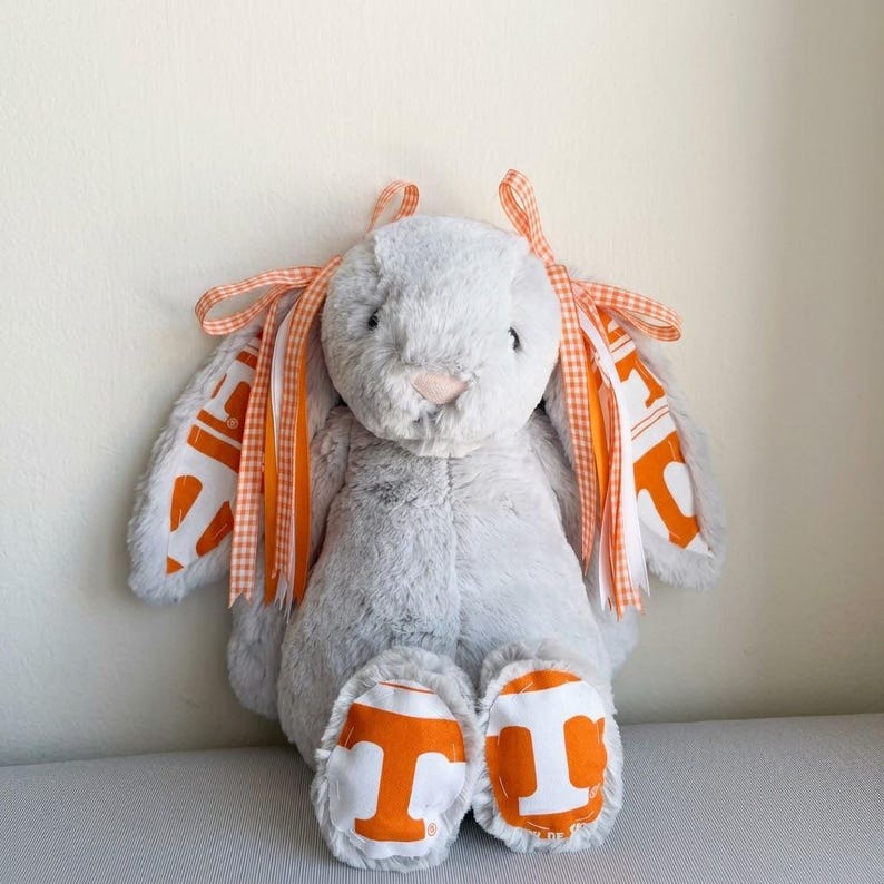 May include: A plush gray bunny with orange and white accents. The bunny's ears have orange and white ribbons and fabric with the letter "T". The bunny's feet also feature the letter "T" in orange.