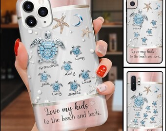 Maßgeschneiderte Schildkröte Oma Mama liebe meine Kinder zum Strand und zurück Ozeanliebhaber Familie bestes Geschenk zum Muttertag, individueller Name für IPhone, Samsung