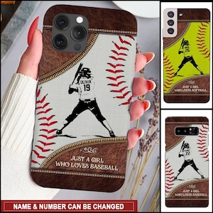 Nur ein Mädchen, das Lieben Baseball Softball Benutzerdefinierte Name und Nummer Sport Mädchen Geschenk Leder Hintergrund Handytasche, Custom Name für Iphone, Samsung