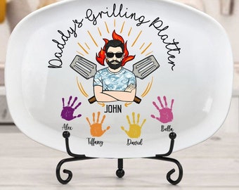 Custom Handprint Daddy Personalized Grilling Platter,Gift For Dad,Gift For Grandpa,Mother's Day Gift,Father's Day Gift,Grilling Platter Gift