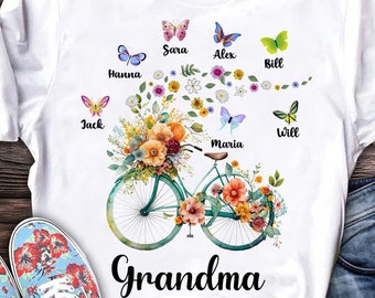 Bicycle With Flowers Cute Butterfly Grandkids Personalized White T-shirt and Hoodie Gift for Grandmas Moms Aunties,Grandma Gift