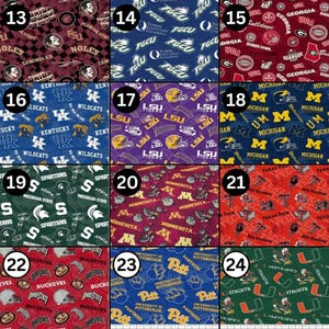 May include: A collage of fabric swatches featuring various college team logos and mascots. Designs include the Florida State Seminoles, Kentucky Wildcats, LSU Tigers, Michigan Wolverines, and Ohio State Buckeyes. Each swatch has a unique color scheme.
