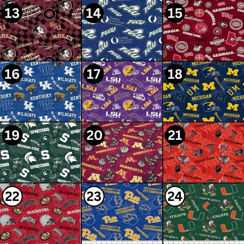 May include: A collage of fabric swatches featuring various college team logos and mascots. Designs include the Florida State Seminoles, Kentucky Wildcats, LSU Tigers, Michigan Wolverines, and Ohio State Buckeyes. Each swatch has a unique color scheme.